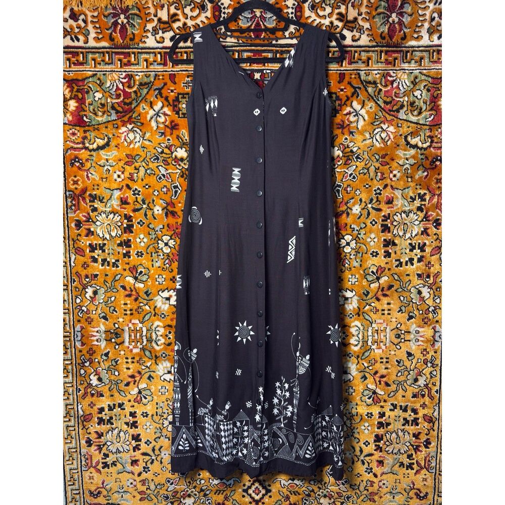 90s Vintage Black and White Print Button Front Midi Dress w/Strappy Back sz 8